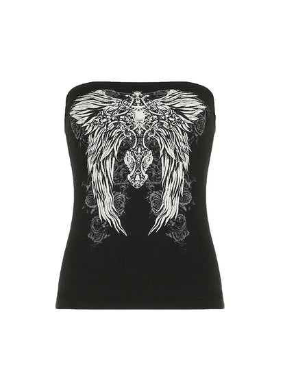 Gothic Print Black Strapless Cropped Tube Top Women