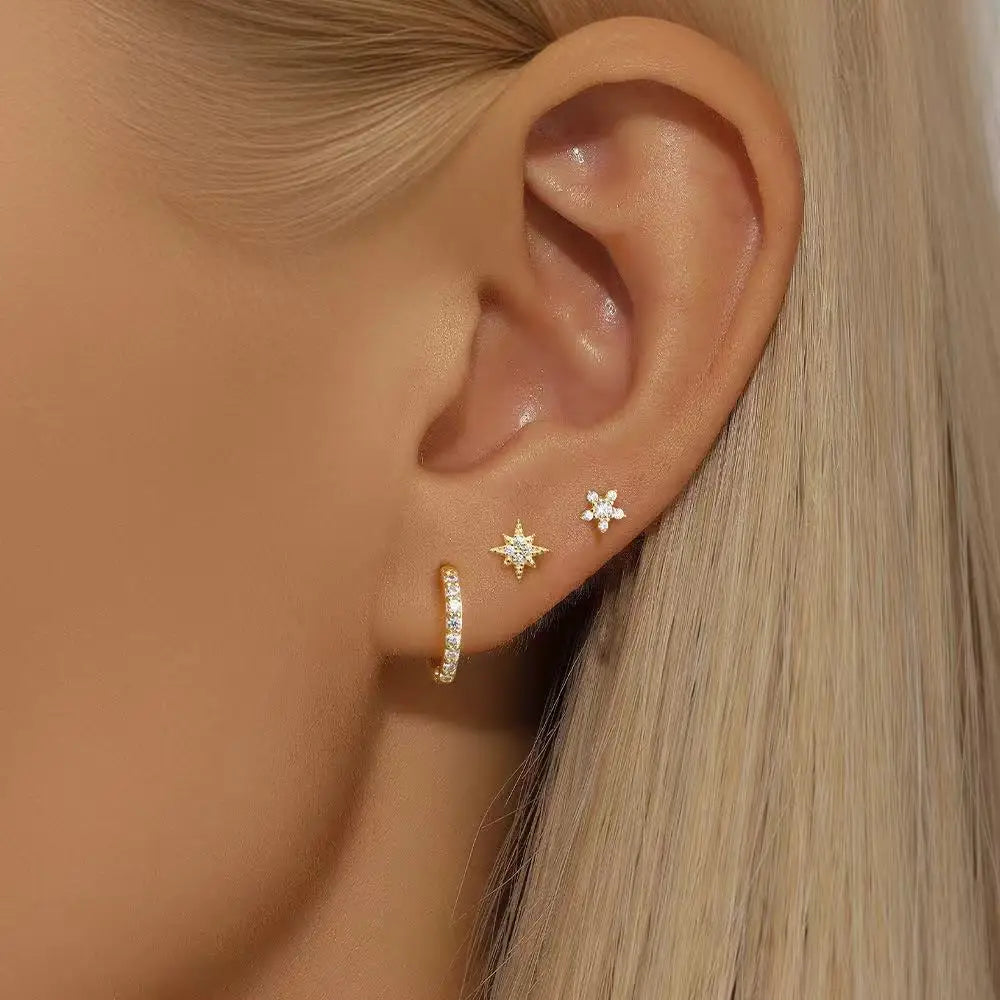 3PCS 18K Gold Plated Stainless Steel Zircon Flower Hoop Earrings Set for Women Trendy Wedding Jewelry