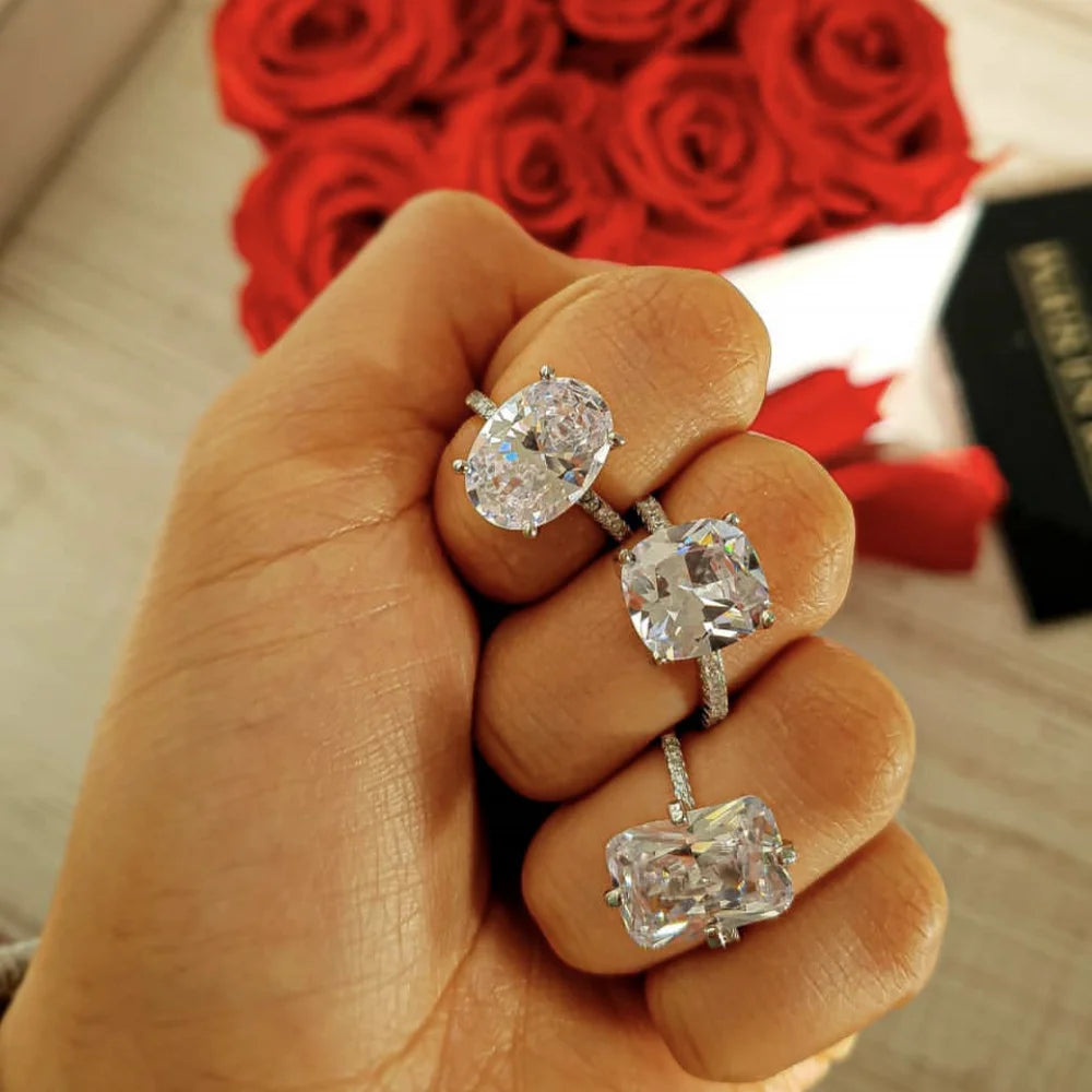 Luxury 925 Sterling Silver Oval Square Simulated Diamond Engagement and Wedding Ring for Women