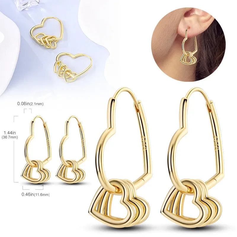 Elegant Silver S925 Multicolor Heart Hoop Earrings for Women with Zircon Stones