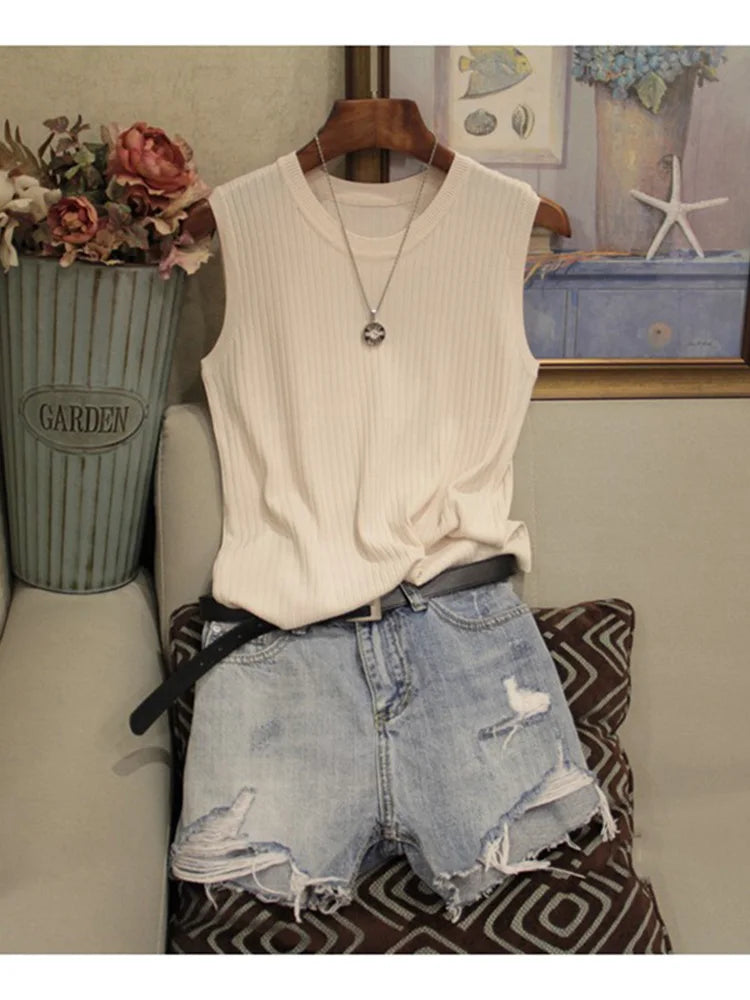 Dozw Knitted Tank Top Women O Neck Solid Vest Casual