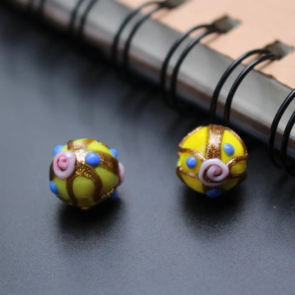 Handmade Lampwork Glass Flower Beads Set with Gold Accents for Jewelry Crafting