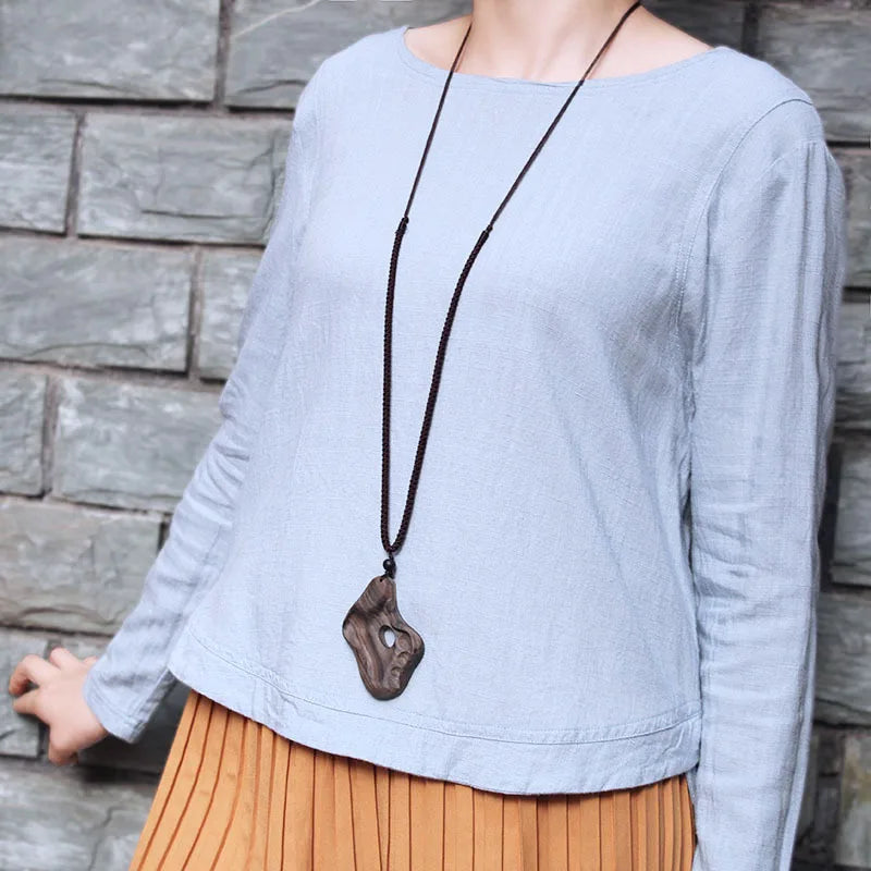 Vintage Long Sweater Chain Necklace for Women with Handmade Sandalwood Pendants in Ethnic Style