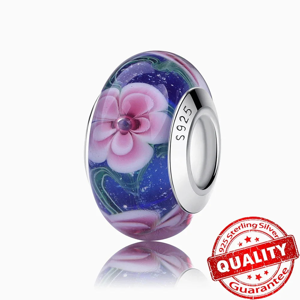 Colorful Flower Murano Glass Charm 925 Sterling Silver Top Rated DIY Jewelry for Bracelets and Necklaces LLZ028