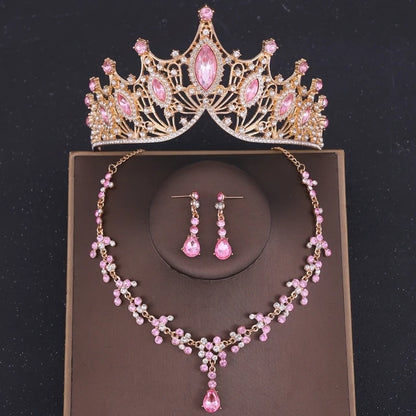 Baroque Crystal Tiara & Crown Jewelry Set - Top-Rated Rhinestone Bridal Accessories Pink 1