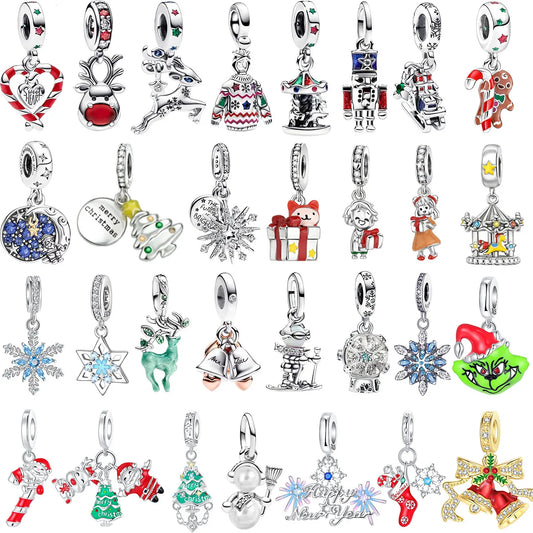 925 Sterling Silver Christmas Charms Set Santa Claus Reindeer Snowflake Beads for Necklace and Bracelet DIY Fine Jewelry Gifts