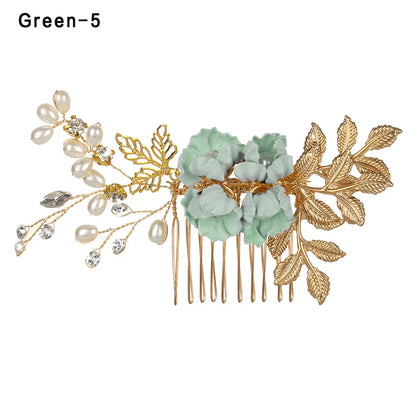 Luxury Crystal Crown Hair Combs - Elegant Bridal Clips with Leaf Design green 5