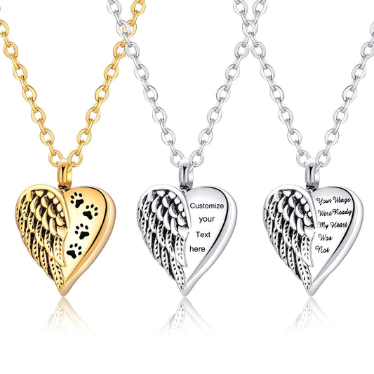 Customized Stainless Steel Angel Wing Heart Urn Necklace Memorial Keepsake Jewelry