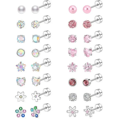 Trendy Pink Flower Heart Screw Stud Earrings Set for Women Fashion Jewelry