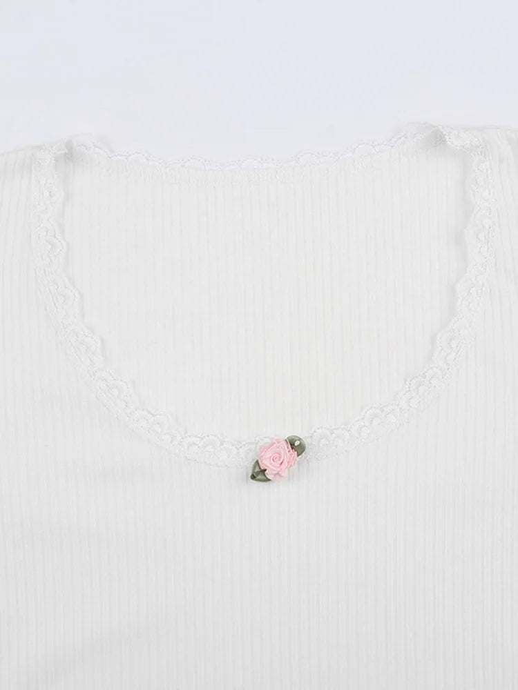 Y2K Floral Lace Trim Crop Top White Knitted Tee Women