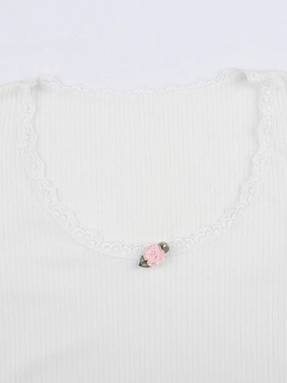 Y2K Floral Lace Trim Crop Top White Knitted Tee Women