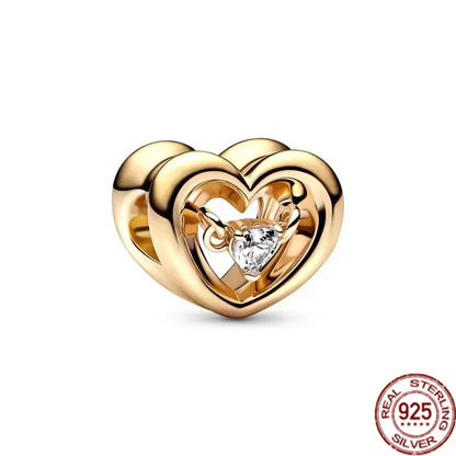 925 Sterling Silver Golden Heart Star Beads Charms for DIY Bracelet and Necklace Gift for Women Mother and Sister
