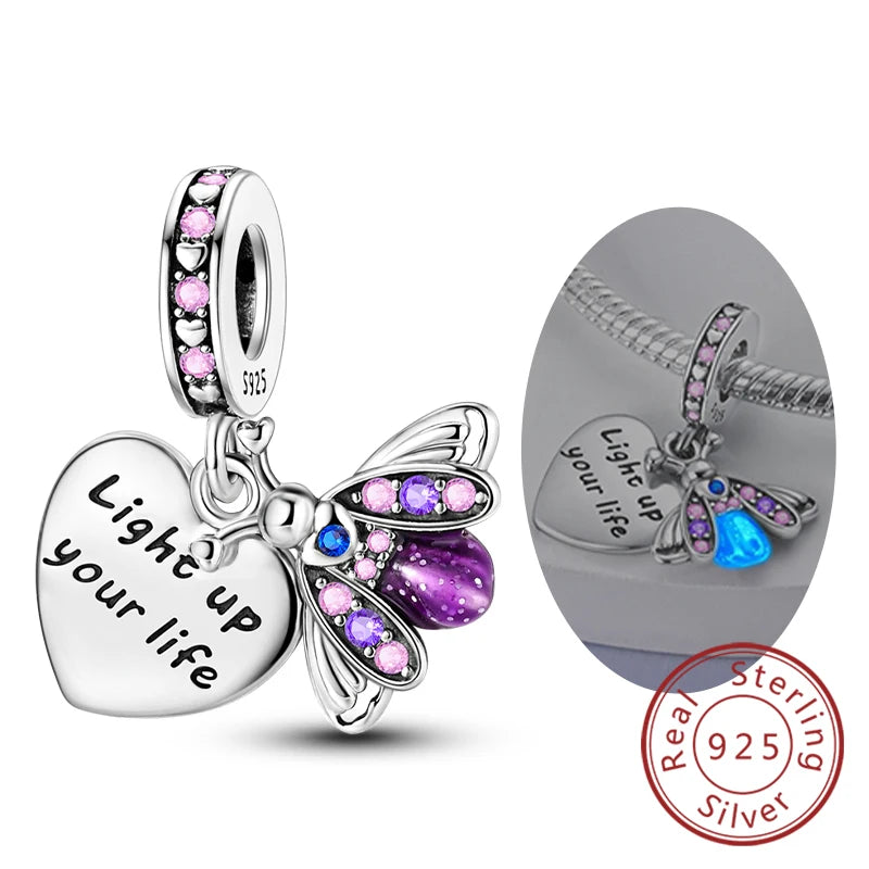 Glowing Firefly Butterfly Charm Bead 925 Sterling Silver Pendant for Bracelets KTC994