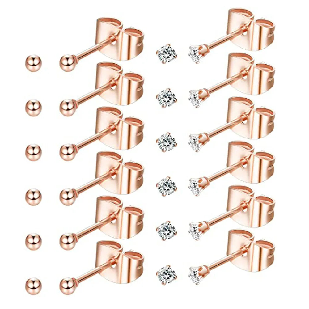 6 Pairs Tiny 2mm Stainless Steel Stud Earrings Set for Men and Women with CZ Round Ball Design