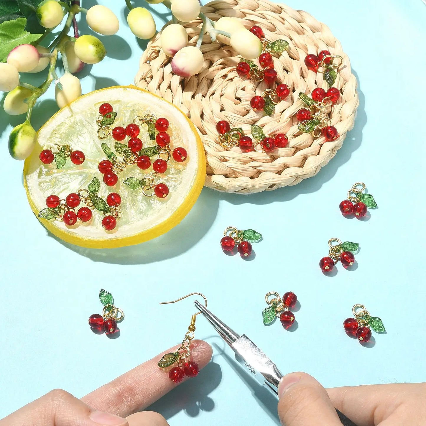 Glass Red Cherry Charms for DIY Jewelry Making Accessories - Set of 30 3D Acrylic Fruit Charms with Loop