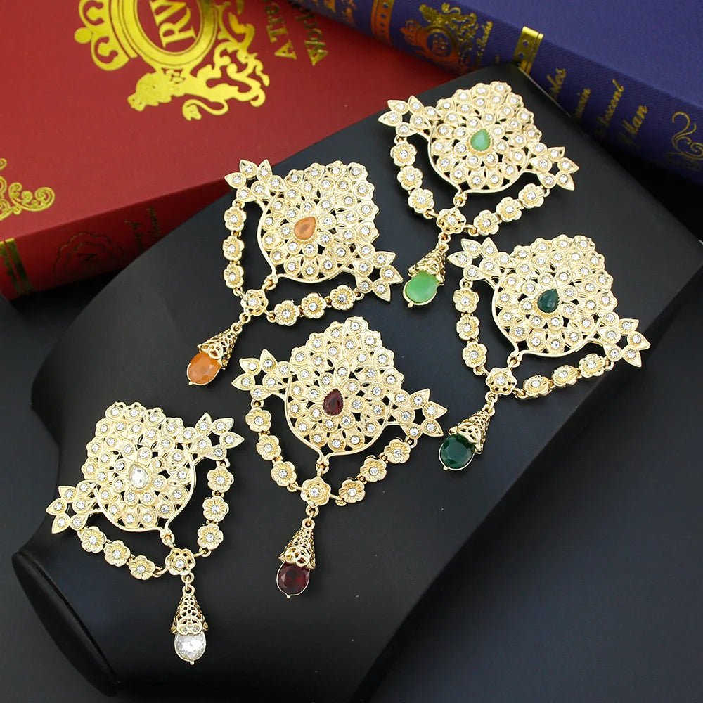 Elegant Gold Flower Brooch for Women - Crystal Embellished Moroccan Jewelry for Caftans and Hijabs