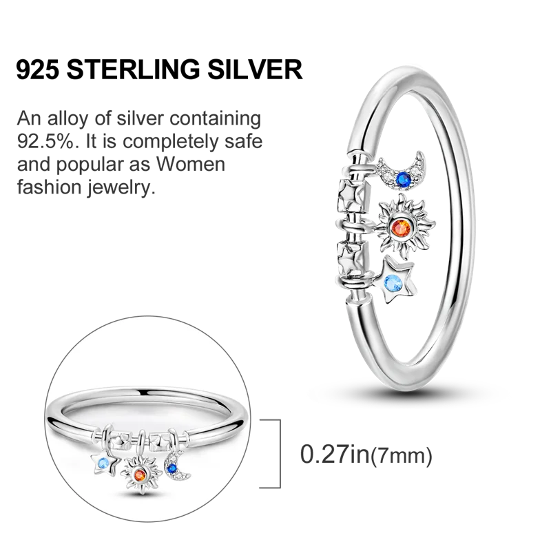 Blue Zircon Evil Eye Ring for Women in 925 Sterling Silver Sparkling Moon and Star Design Wedding Jewelry Gift LKTR075