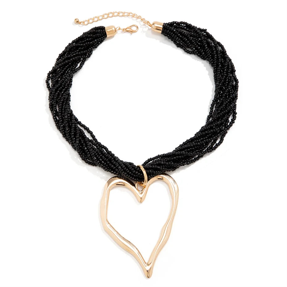 Boho Multilayer Heart Pendant Choker Necklace for Women Bridal Accessories