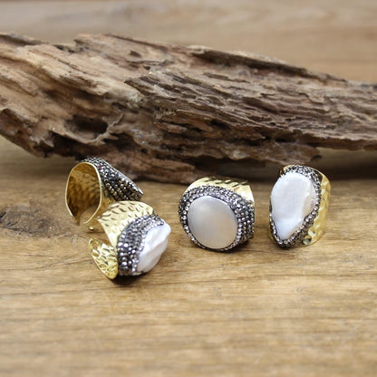 Irregular Freshwater Pearl Open Ring Adjustable Baroque Design Gold Plated Unisex Boho Jewelry Gift
