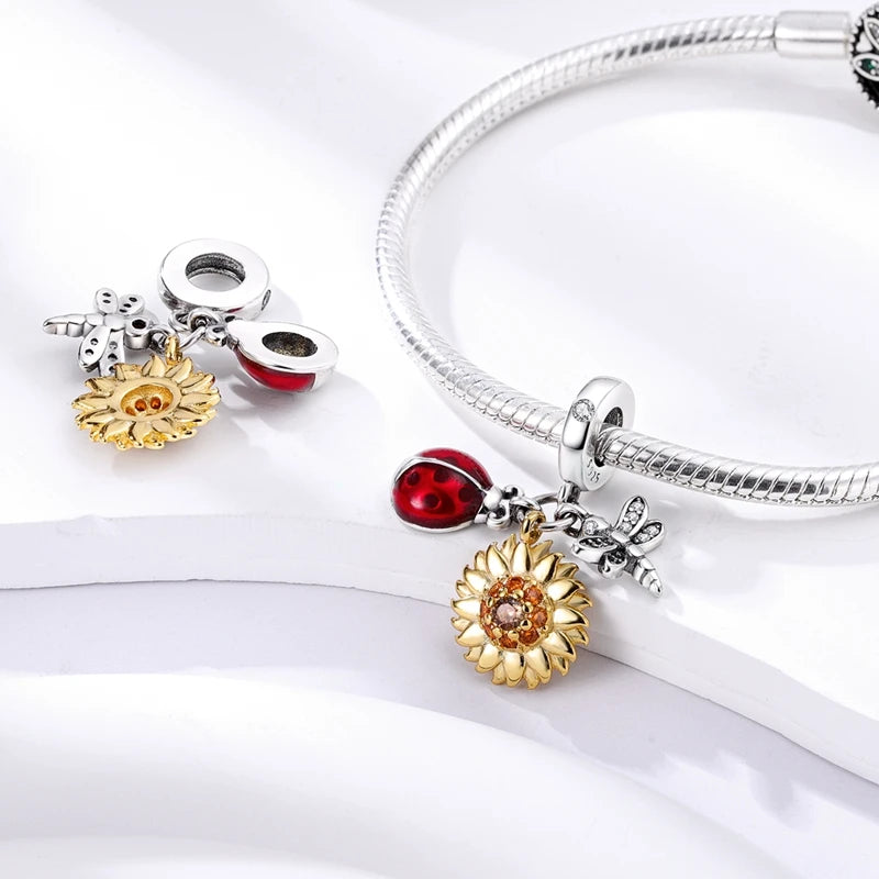 Sterling Silver Heart Sunflower Charm Pendant For Bracelet