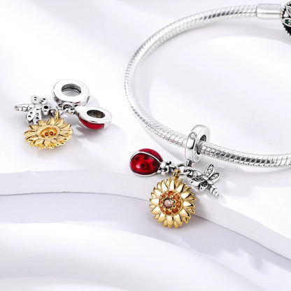 Sterling Silver Heart Sunflower Charm Pendant For Bracelet