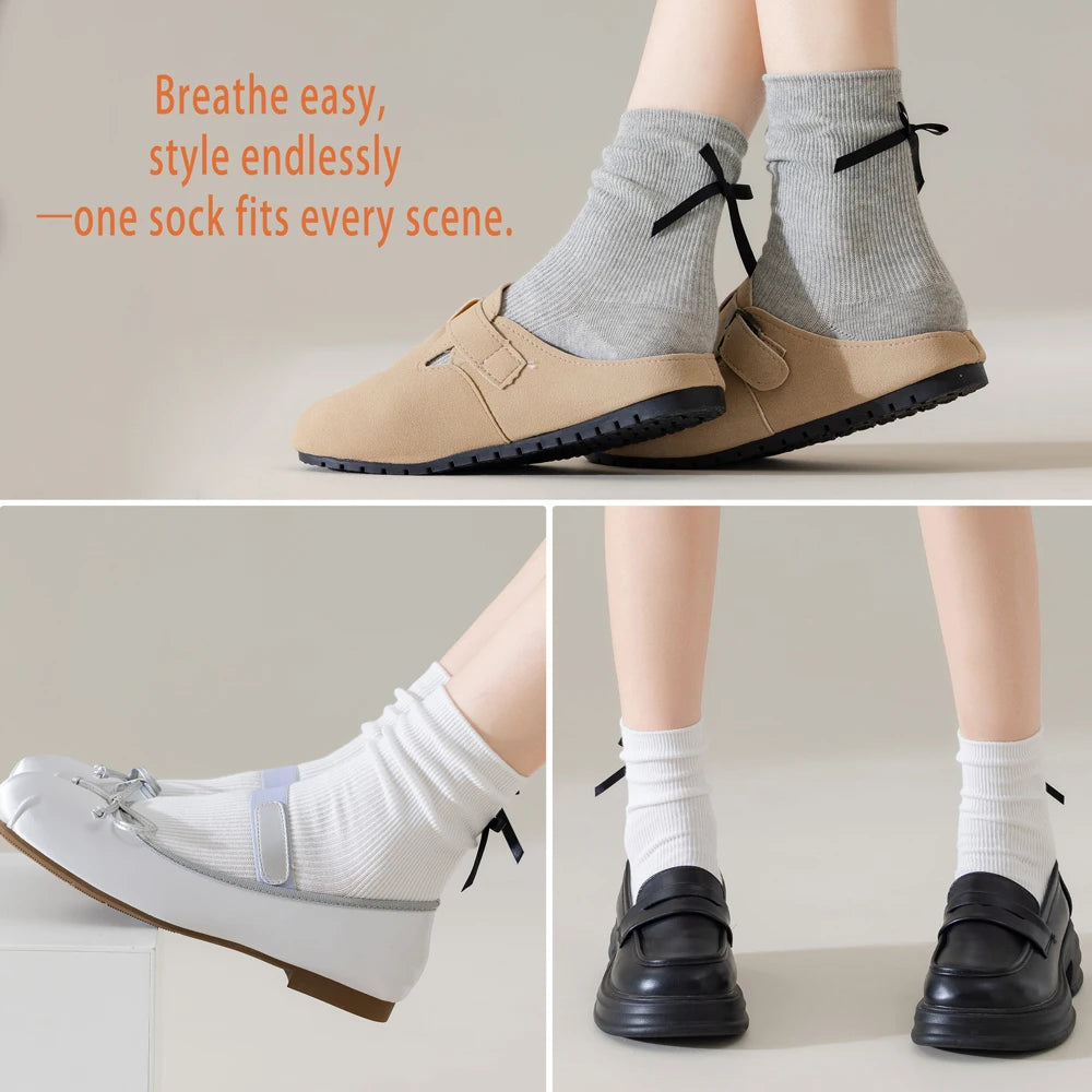 3 Pairs Black White Ballet Bow Crew Breathable Socks