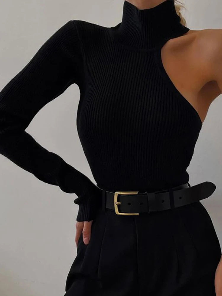 Fantasy Off Shoulder Bodysuit One Sleeve Ribbed Knit Women