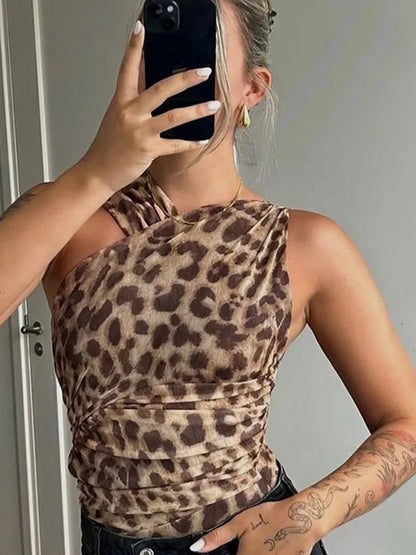 Leopard Tulle Bodysuit Women Hollow Out Irregular Straps