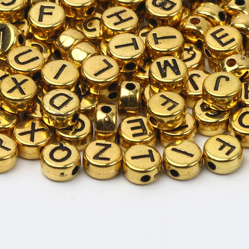 Gold Color Acrylic Spacer Beads with Black Letter Charms for Jewelry Making and DIY Crafts