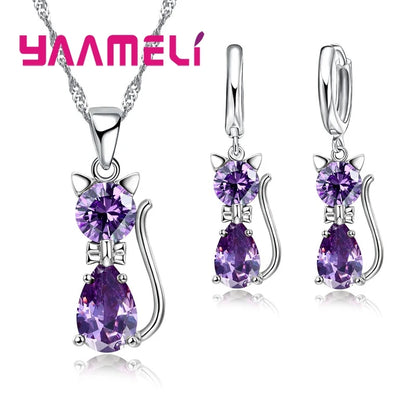 Elegant 925 Sterling Silver Cat Pendant Necklace and Earrings Set with Austrian Crystals for Women