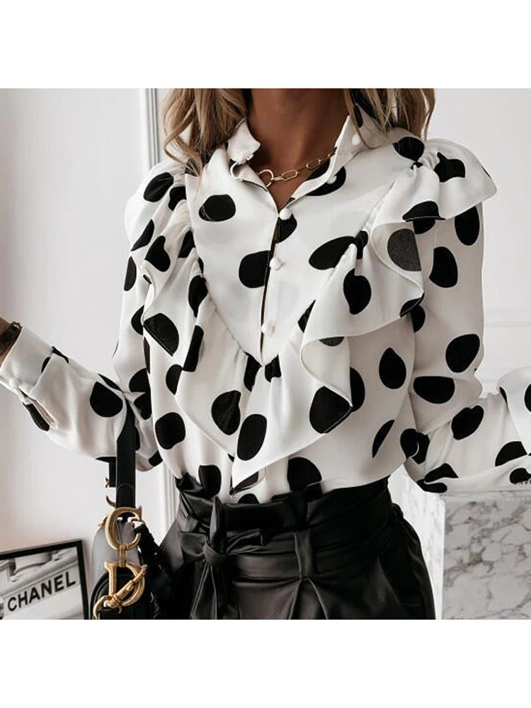 Leopard Print Ruffle Blouse Long Sleeve V Neck Office Top