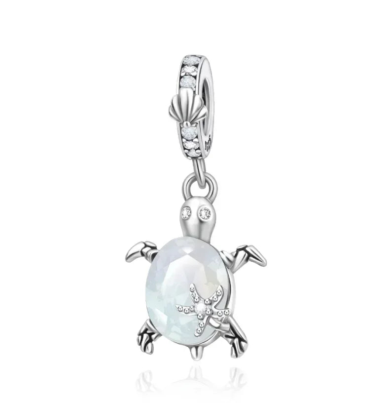 Summer Murano Glass Sea Turtle Dangle Charm Colorful Crystal Zircon Pendant 925 Sterling Silver Fine Jewelry for Original Bracelets