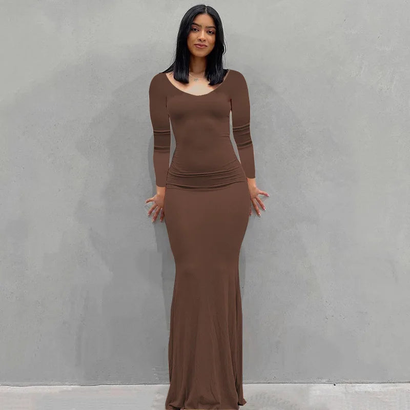 2024 Summer Dresses For Women Sexy Black Spaghetti Strap Maxi Brown-Long Sleeve