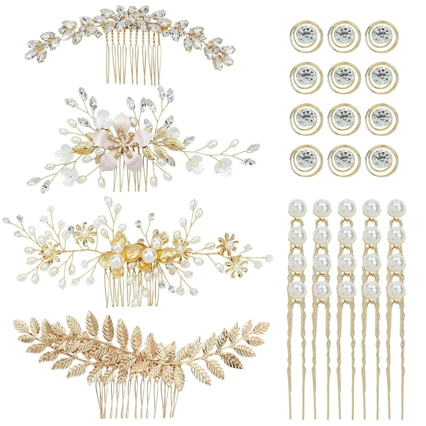 Gold Leaf Bridal Hair Accessory Set - 36 Pack of Pearl Combs, Rhinestone Pins, and Spiral Clips