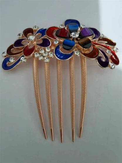 Elegant Red Crystal Flower Bow Hairpin With Vintage Blue Rhinestones