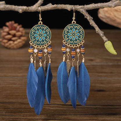 Bohemian Long Feather Drop Earrings with Tassel Beads and Enamel Flowers for Women
