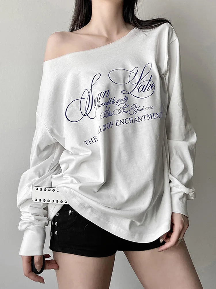 Y2K Aesthetic Off Shoulder Tee Harajuku Grunge Streetwear