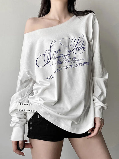 Y2K Aesthetic Off Shoulder Tee Harajuku Grunge Streetwear