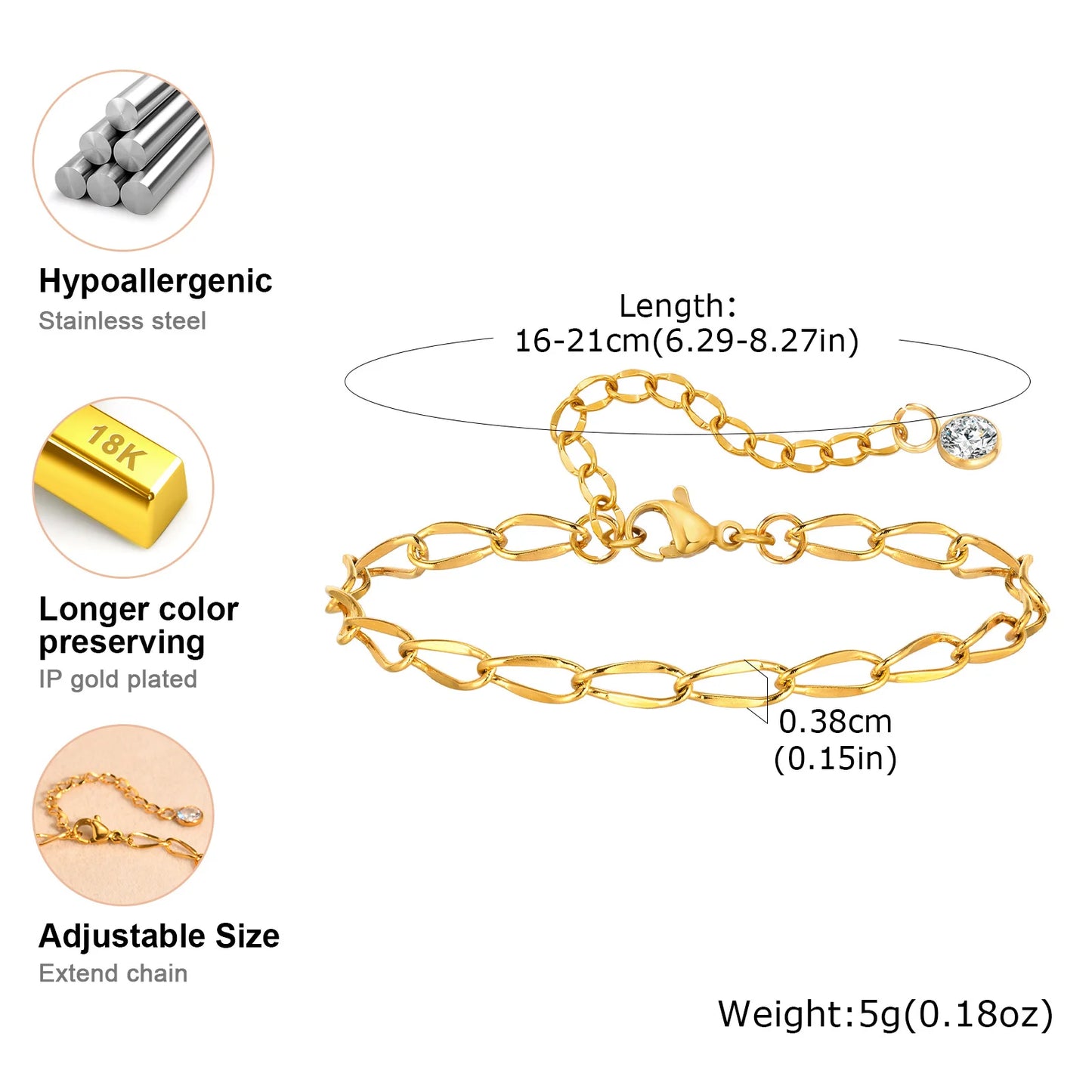 Elegant Gold Plated Link Bracelet for Women - Adjustable Stainless Steel Waterproof Jewelry