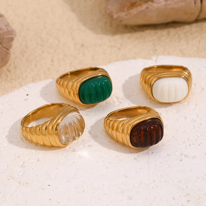 Elegant Square Acrylic Cabochon Ring with Tarnish-Free Stainless Steel and 18K Gold Plating for Fashionable Women