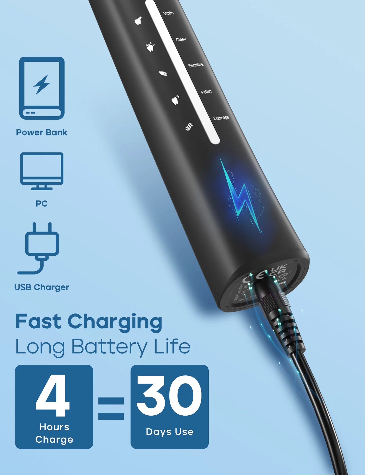 Seago Electric Toothbrush Sonic Toothbrush 30 Days Battery Life 958Black8Brush heads