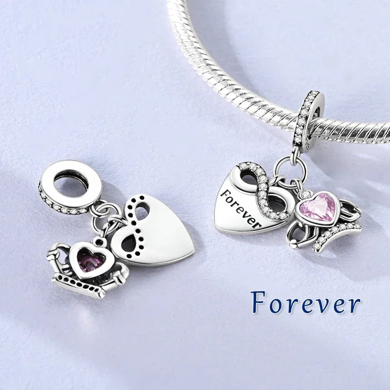 Sterling Silver Cat and Flower Heart Charm for DIY Bracelet Jewelry KTC1685