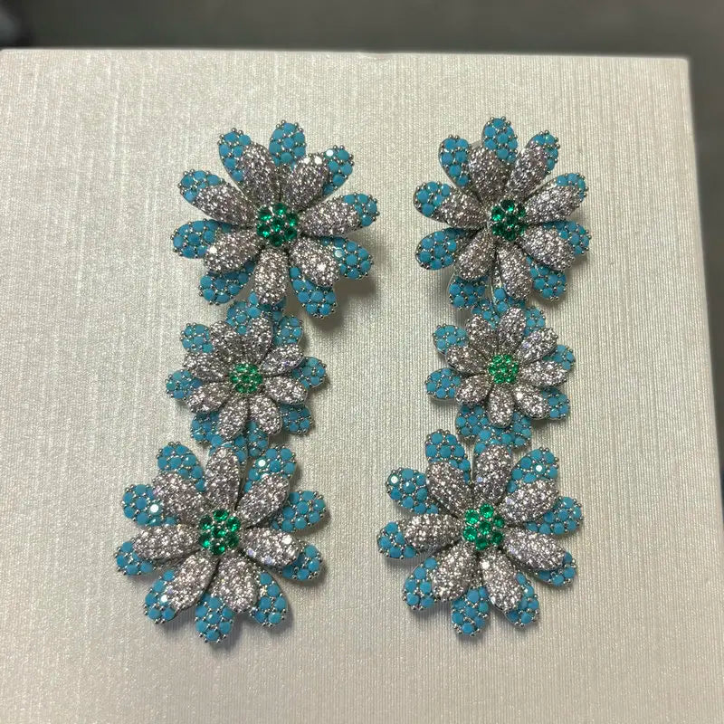 Bilincolor Luxury Blue Flower Drop Earrings for Women - Elegant Wedding Jewelry Gift