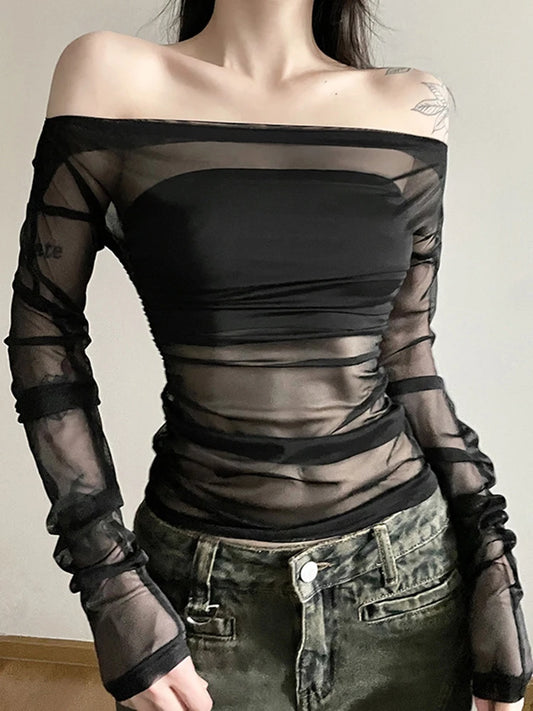 Dozw Sexy Sheer Mesh Two Piece Set Neck Crop Top Women