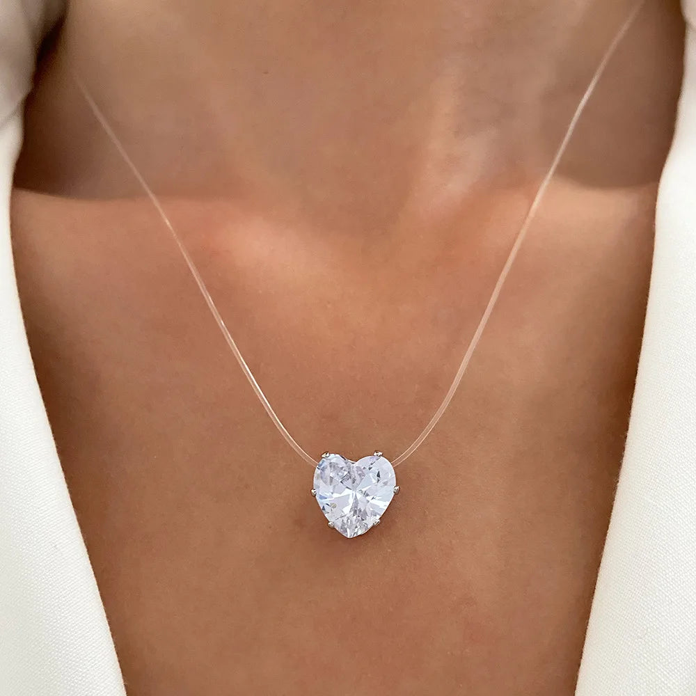 Elegant Invisible Heart Choker Necklace with Rhinestone Zircon for Women