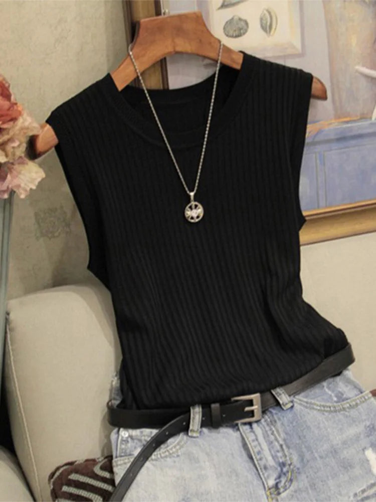 Dozw Knitted Tank Top Women O Neck Solid Vest Casual