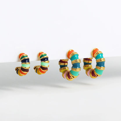 Kpop Multicolour Enamel Bamboo Hoop Earrings for Women - Stainless Steel C Shape Summer Jewelry