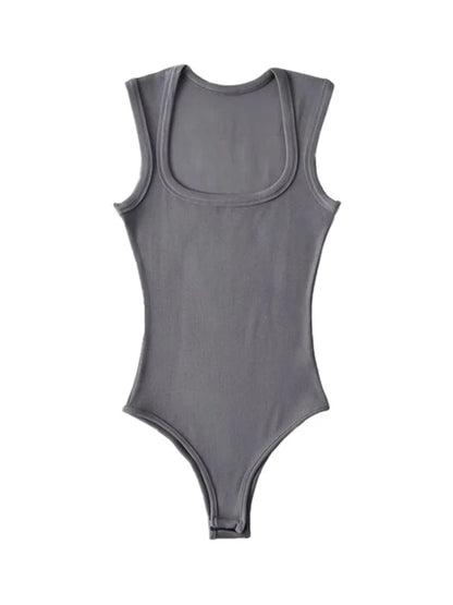 Ladies Slim Square Collar Retro Bodysuit Jumpsuit Backless