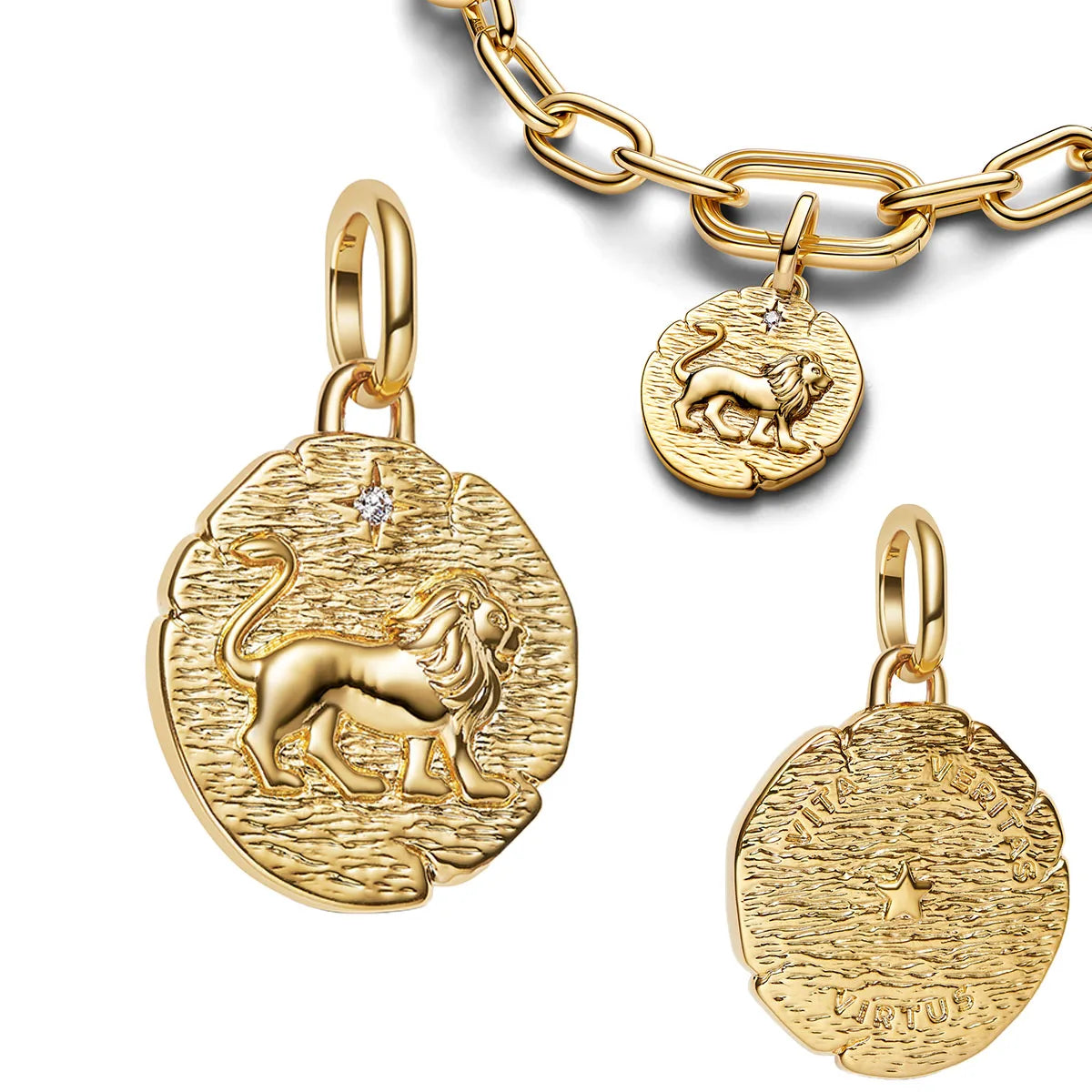 925 Sterling Silver Golden Round Charms with Horse Lion Castle Beads for DIY Womens Jewelry Gift