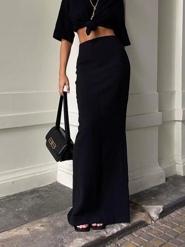 Black High Waist Long Maxi Skirt For Women Seamless Elegant